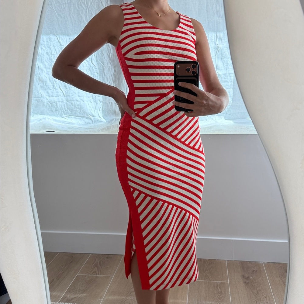 Karen Millen Womens Midi Dress Textured Stripe Print Jersey Bodycon Red Size 6